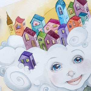 Nærbillede af det farverige kunsttryk "Byen på skyen", der er en populær dåbsgave