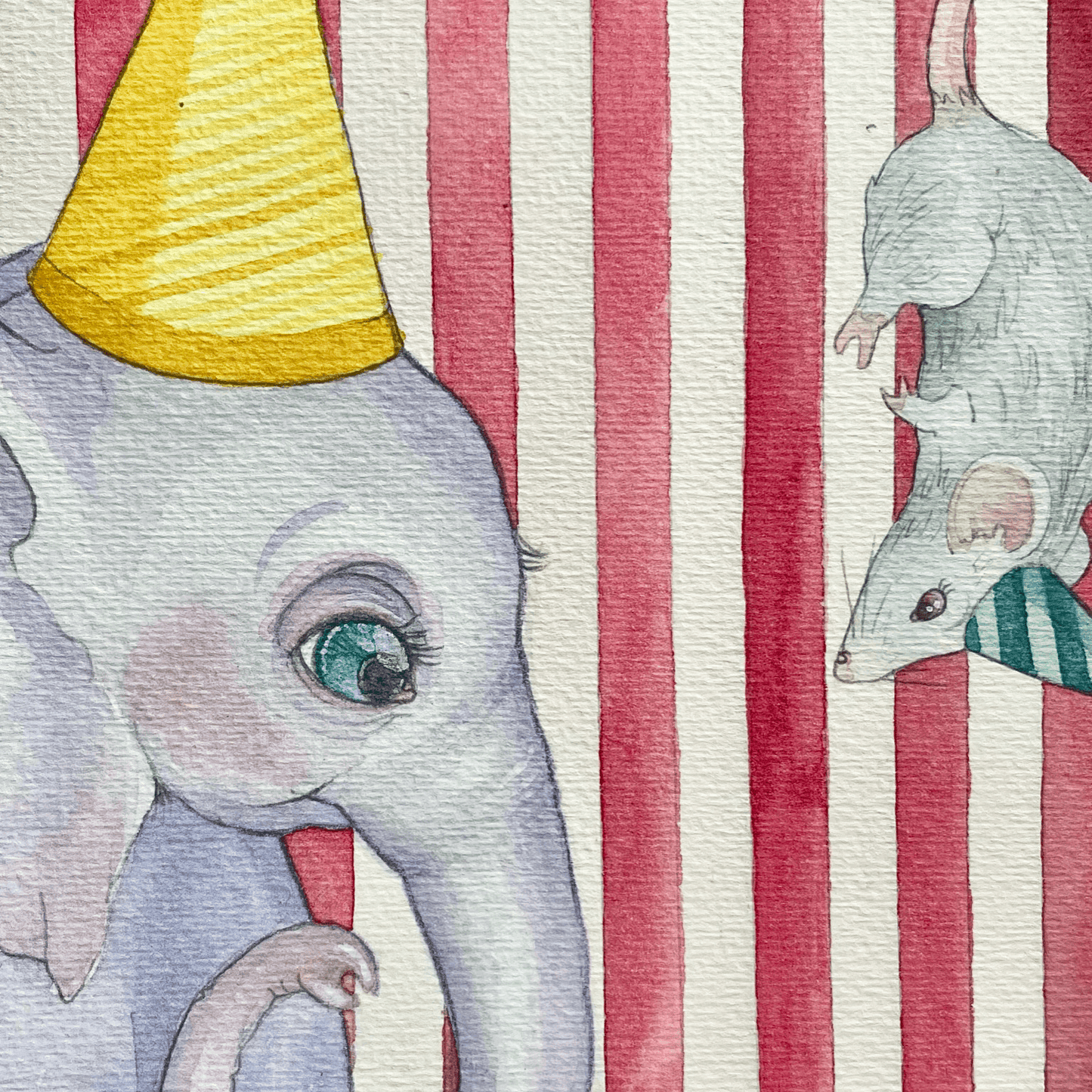 Nærbillede af det cirkusinspirerede kunsttryk "Elliefant og de tre små mus", der er en populær dåbsgave til drenge